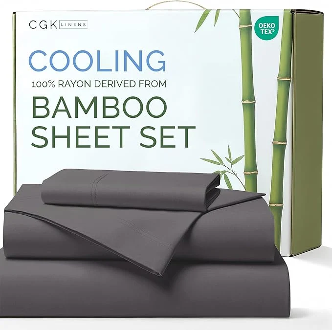 Fine Crafted Rayon Derived From Bamboo – Bamboo Sheets Twin Size – Cooling Sheets for Twin – Soft Breathable amp Hotel Luxury Bedding – 1 Flat amp 1 Fitted amp 1 Pillowcase with 16 Inch Deep Pockets – Dark Grey Durable