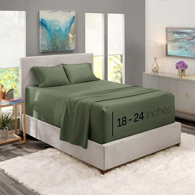 Enhanced Nestl California King Size Sheet Set 4 Piece Extra Deep Pocket 18-24 inches Microfiber Hotel Luxury Soft Breathable Wrinkle- Easy to Care Olive Green Unique