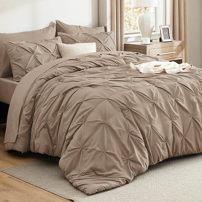 Official Bedsure California King Comforter Set Khaki – Bed in a Bag Cal King Bedding Set 7 Pieces GentleSoft™ Pintuck Bed Set Gift for Family Pinch Pleat Khaki Comforter with Sheets Pillowcases amp Shams Long-Lasting