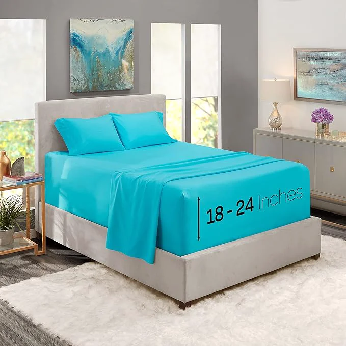 Top-Quality Nestl Queen Size Sheet Set 4 Piece Extra Deep Pocket 18-24 inches Microfiber Hotel Luxury Soft Breathable Wrinkle- Easy to Care Bright Blue Detailed