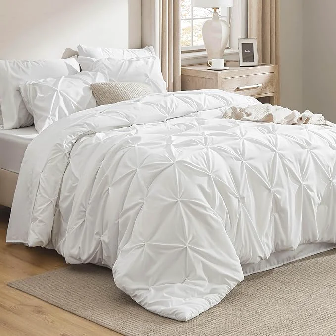 High-Grade Bedsure California King Comforter Set White – Bed in a Bag Cal King Bedding Set 7 Pieces GentleSoft™ Pintuck Bed Set Gift for Family Pinch Pleat White Comforter with Sheets Pillowcases amp Shams Healthy