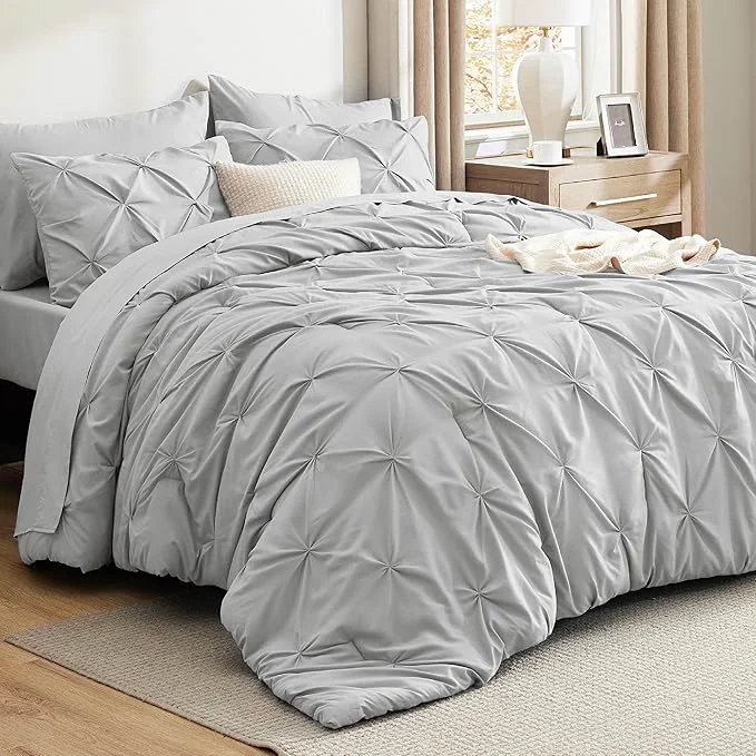 Safe Bedsure Queen Comforter Set Light Grey – Bed in a Bag Queen Size Bedding 7 Pieces GentleSoft™ Pintuck Bed Set Gift for Family Pinch Pleat All Season Comforter with Sheets Pillowcases amp Shams Easy-to-Use