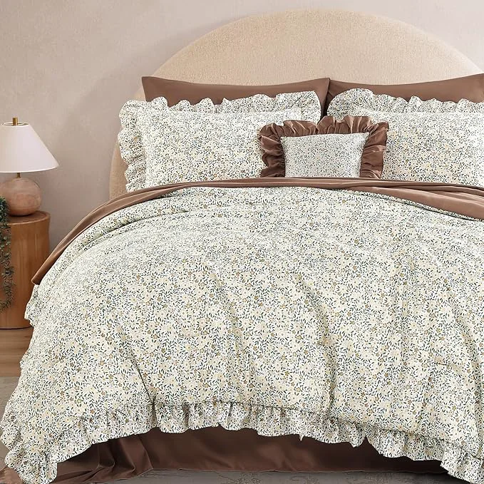 Safe Full Comforter Set – 7 Pieces Ruffle Beige Ditzy Bedding Sets Shabby Chic Farmhouse Bed in a Bag Full with Floral Comforter Sheets Pillowcases amp Shams Advanced