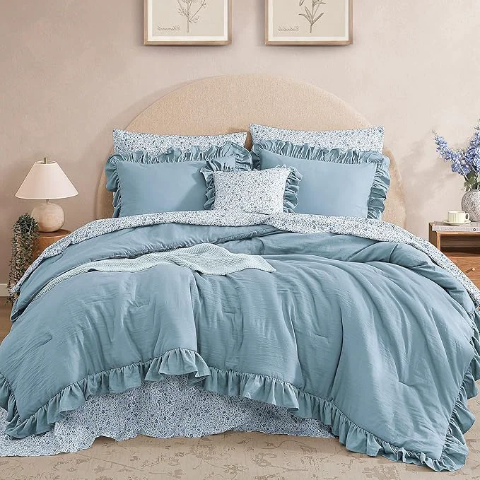 Consistent Oversized King Comforter Set – 7 Pieces Ruffle Blue Bedding Sets Shabby Chic Farmhouse Bed in a Bag with Ruffle Comforter Floral Sheets Pillowcases amp Shams Soft