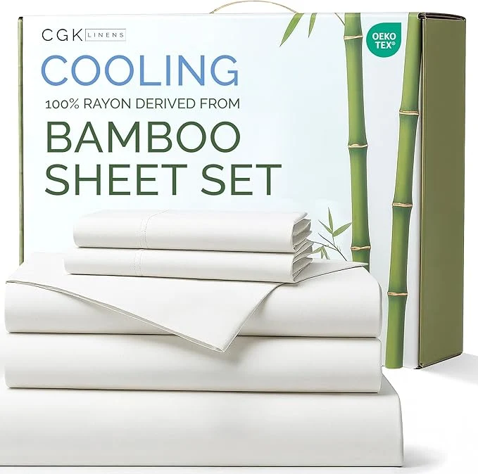 Exclusive Rayon Derived From Bamboo – Sheets Split King Size – Cooling Sheets for Split King – Ultra Soft Hotel Luxury Bedding – 1 Flat amp 2 Fitted amp 2 Pillowcases with 16 Inch Deep Pockets – White Effective