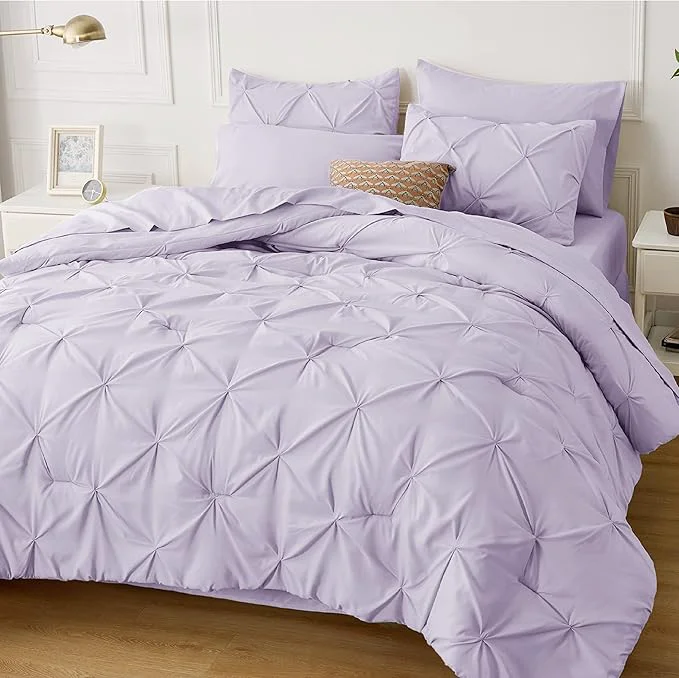 High-Grade Bedsure Twin XL Comforter Set – Extra Long 5 Pieces Dorm Bedding Sets GentleSoft™ Pinch Pleat Light Purple Bed in a Bag with Pintuck Comforter Sheets Pillowcase amp Sham Smooth