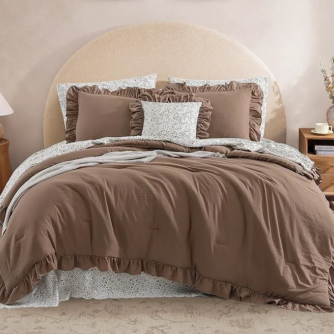 Classic Oversized Queen Comforter Set – 7 Pieces Ruffle Amber Brown Bedding Sets Shabby Chic Farmhouse Bed in a Bag with Ruffle Comforter Floral Sheets Pillowcases amp Shams Elite