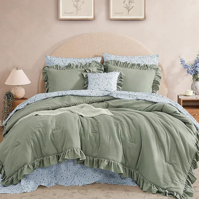 Convenient Oversized Queen Comforter Set – 7 Pieces Ruffle Sage Leaf Bedding Sets Shabby Chic Farmhouse Bed in a Bag with Ruffle Comforter Floral Sheets Pillowcases amp Shams Fine