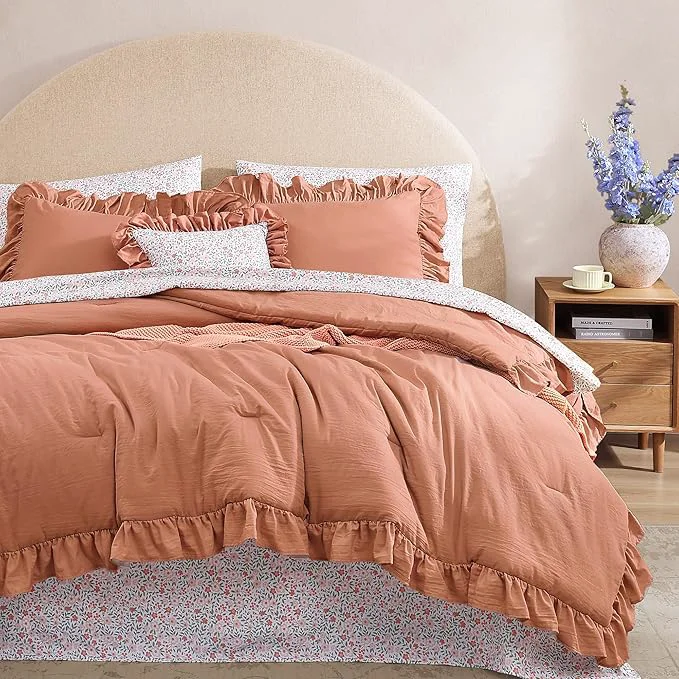 Safe King Comforter Set – 7 Pieces Ruffle Autumn Leaf Bedding Sets Shabby Chic Farmhouse Bed in a Bag King with Ruffle Comforter Floral Sheets Pillowcases amp Shams Quality