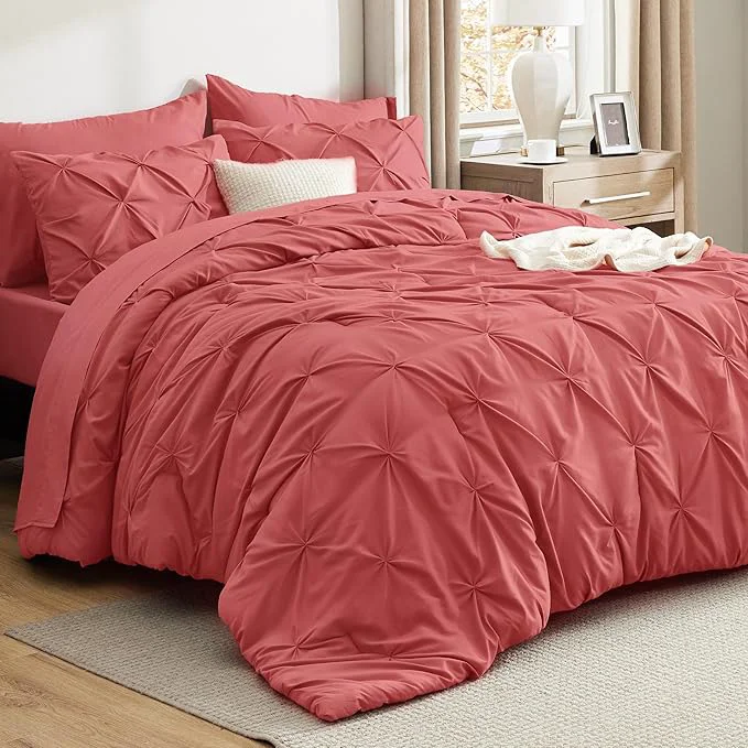 Classic Bedsure Queen Comforter Set Coral Red – Bed in a Bag Queen Size Bedding 7 Pieces GentleSoft™ Pintuck Bed Set Gift for Family Pinch Pleat All Season Comforter with Sheets Pillowcases amp Shams Relaxed