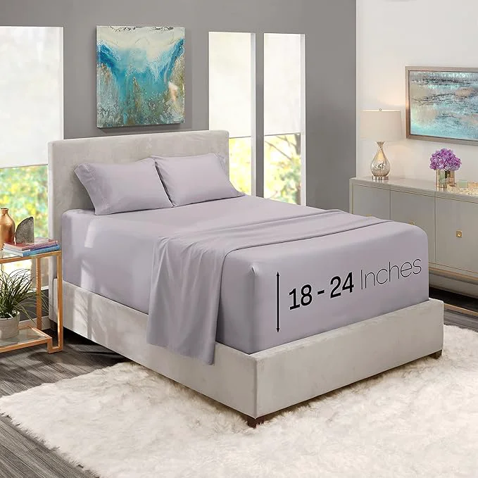 Selected Nestl Twin Size Sheet Set 4 Piece Extra Deep Pocket 18-24 inches Microfiber Hotel Luxury Soft Breathable Wrinkle- Easy to Care Grey Lavender Verified