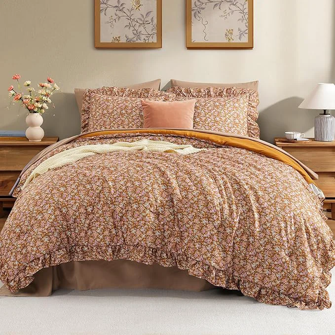 High-Grade Full Comforter Set – 7 Pieces Ruffle Brown Floral Bedding Sets Shabby Chic Farmhouse Bed in a Bag with Ruffle Comforter Sheets Pillowcases amp Shams Breathable