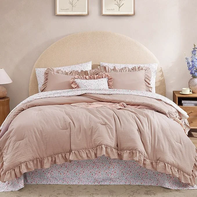 Safe Full Comforter Set – 7 Pieces Ruffle Pink Bedding Sets Shabby Chic Farmhouse Bed in a Bag Full with Ruffle Comforter Floral Sheets Pillowcases amp Shams Smooth