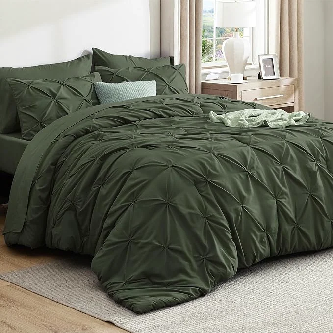 Secure Bedsure California King Comforter Set Olive Green – Bed in a Bag Cal King Bedding Set 7 PCS GentleSoft™ Pintuck Bed Set Gift for Family Pinch Pleat Green Comforter with Sheets Pillowcases amp Shams Eco-Friendly