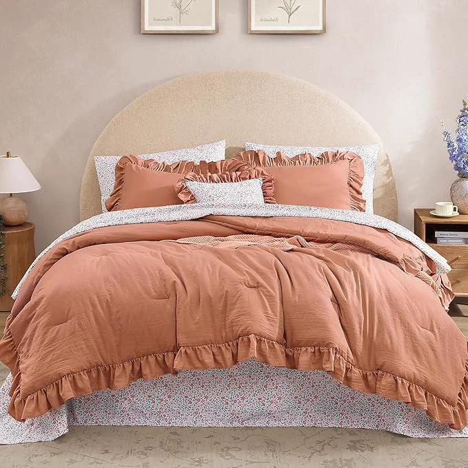 Fine Crafted Full Comforter Set – 7 Pieces Ruffle Autumn Leaf Bedding Sets Shabby Chic Farmhouse Bed in a Bag Full with Ruffle Comforter Floral Sheets Pillowcases amp Shams Clean