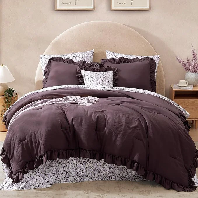 Dependable Oversized Queen Comforter Set – 7 Pieces Ruffle Dark Purple Bedding Sets Shabby Chic Farmhouse Bed in a Bag with Ruffle Comforter Floral Sheets Pillowcases amp Shams High-Grade