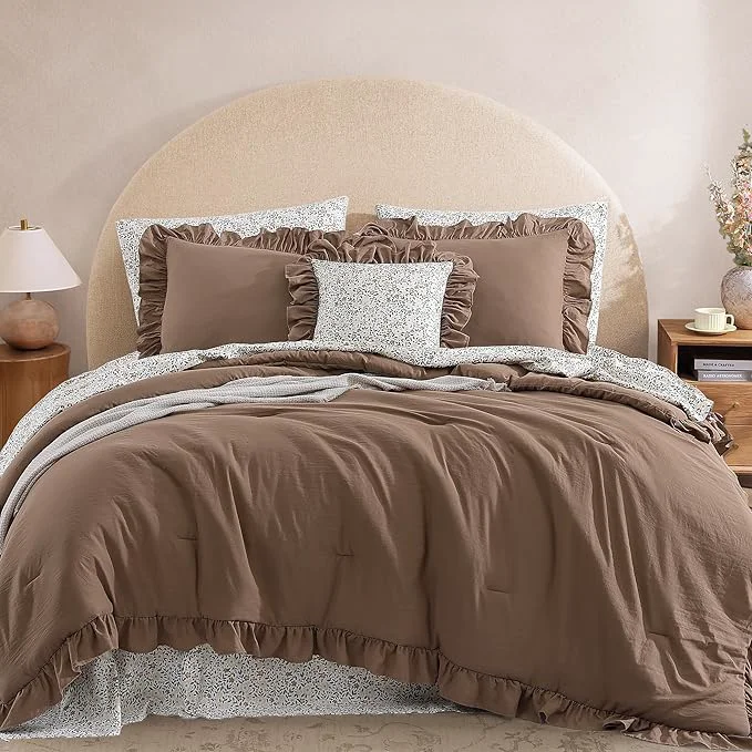 Expertly Made King Comforter Set – 7 Pieces Ruffle Amber Brown Bedding Sets Shabby Chic Farmhouse Bed in a Bag with Ruffle Comforter Floral Sheets Pillowcases amp Shams Responsible