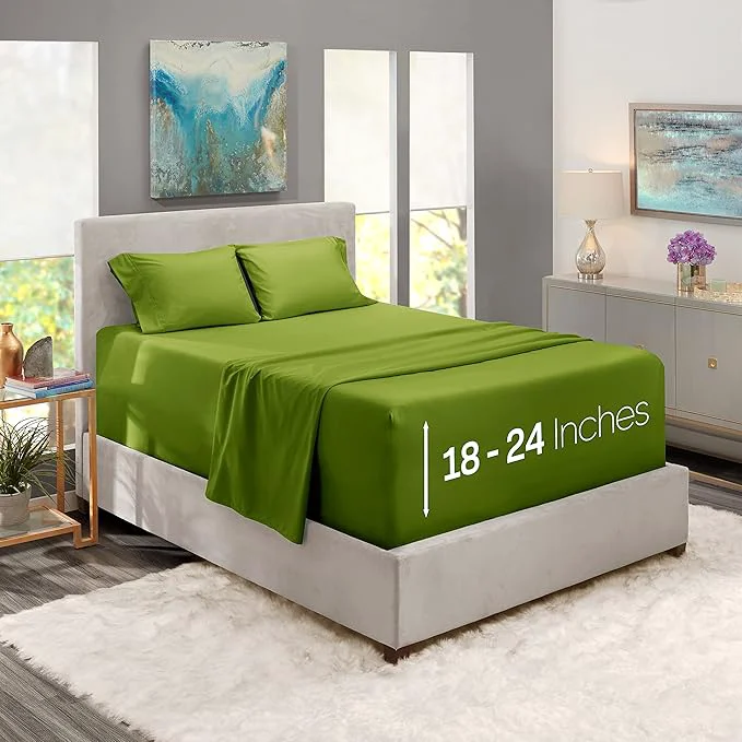 Quality Nestl Twin XL Size Sheet Set 4 Piece Extra Deep Pocket 18-24 inches Microfiber Hotel Luxury Soft Breathable Wrinkle- Easy to Care Calla Green Healthy