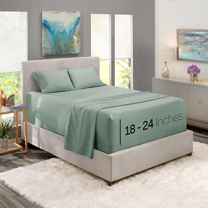 World-Class Nestl Queen Size Sheet Set 4 Piece Extra Deep Pocket 18-24 inches Microfiber Cooling Hotel Luxury Soft Breathable Wrinkle- Easy to Care Sage Green New High-Performance