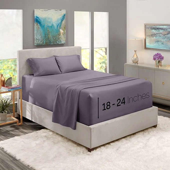 Pure Nestl California King Size Sheet Set 4 Piece Extra Deep Pocket 18-24 inches Microfiber Hotel Luxury Soft Breathable Wrinkle- Easy to Care Grayish Purple Practical