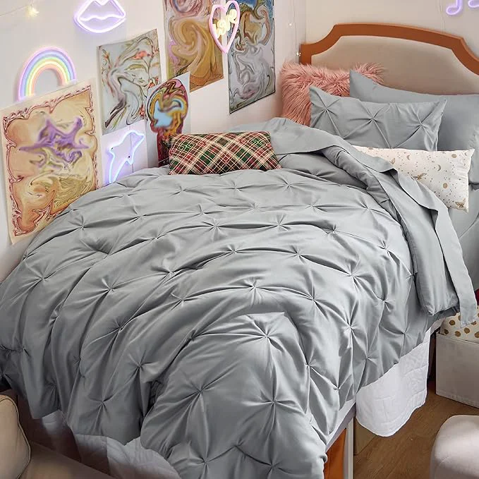 Stylish Bedsure Twin Comforter Set Grey – Bed in a Bag Twin Size Bedding 5 Pieces GentleSoft™ Pintuck Bed Set Gift for Family Pinch Pleat Grey Comforter with Sheets Pillowcase amp Sham High-End