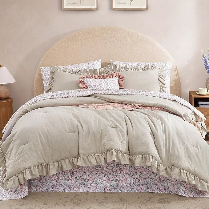 Flexible Full Comforter Set – 7 Pieces Ruffle Beige Bedding Sets Shabby Chic Farmhouse Bed in a Bag Full with Ruffle Comforter Floral Sheets Pillowcases amp Shams Verified