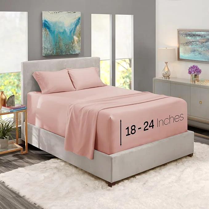 Fine Nestl Queen Size Sheet Set 4 Piece Extra Deep Pocket 18-24 inches Microfiber Cooling Hotel Luxury Soft Breathable Wrinkle- Easy to Care Peach Beige Verified