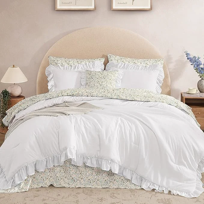 Efficient Twin XL Comforter Set – 5 Pieces Ruffle White Bedding Sets Shabby Chic Farmhouse Bed in a Bag Twin XL with Ruffle Comforter Floral Sheets Pillowcases amp Shams First-Class