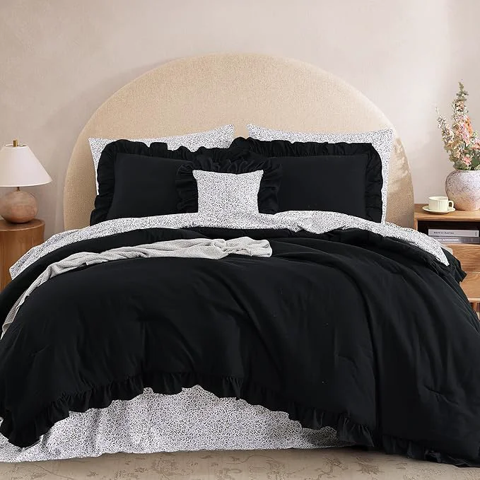 Refined King Comforter Set – 7 Pieces Ruffle Black Bedding Sets Shabby Chic Farmhouse Bed in a Bag King with Ruffle Comforter Floral Sheets Pillowcases amp Shams Excellent