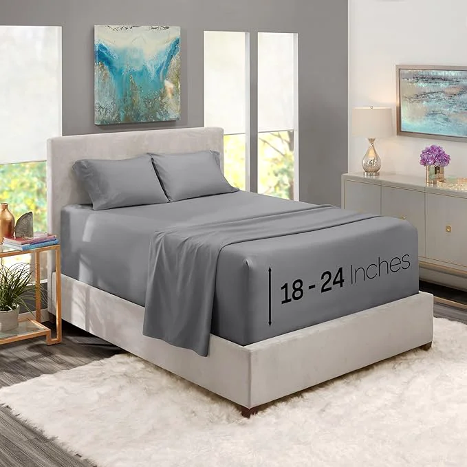 Recyclable Nestl Queen Size Sheet Set 4 Piece Extra Deep Pocket 18-24 inches Microfiber Cooling Hotel Luxury Soft Breathable Wrinkle- Easy to Care Grey Minimalist