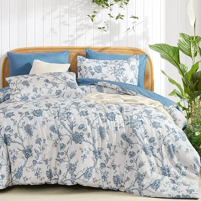 Outstanding Luxudecor Floral Comforter Set King Size 7 Pieces Blue Flower with Bird Bed in a Bag Soft Reversible Comforter with Sheet Bed Set 104 quot x90 quot Carefully Designed