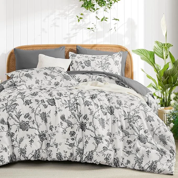Advanced Luxudecor Floral Comforter Set Queen Size 7 Pieces Dark Grey Flower with Bird Bed in a Bag Soft Reversible Comforter with Sheet Bed Set 90 quot x90 quot Carefully Designed