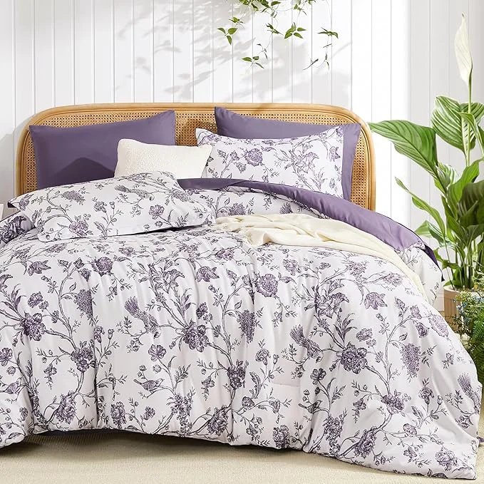 Dependable Luxudecor Floral Comforter Set Queen Size 7 Pieces Purple Flower with Bird Bed in a Bag Soft Reversible Comforter with Sheet Bed Set 90 quot x90 quot Next-Generation
