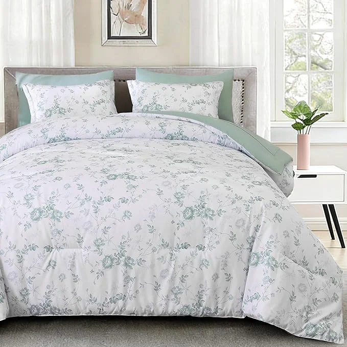 Eco-Friendly Luxudecor Floral King Comforter Set 7 Pieces Bed in a Bag Green Rose Romantic Flower Bed Set Soft Reversible Comforter with Sheet Set 104 quot x90 quot High-Quality