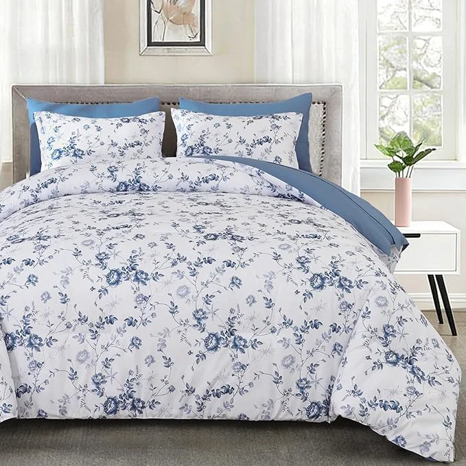 Stylish Luxudecor Floral Queen Comforter Set 7 Pieces Bed in a Bag Blue Rose Romantic Flower Bed Set Soft Reversible Comforter with Sheet Set 90 quot x90 quot Environmentally Friendly