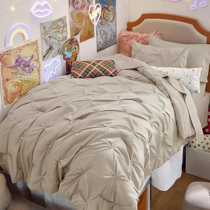 Modern Bedsure Twin XL Comforter Set – Extra Long 5 Pieces Dorm Bedding Sets GentleSoft™ Pinch Pleat Beige Bed in a Bag with Pintuck Comforter Sheets Pillowcase amp Sham Clean