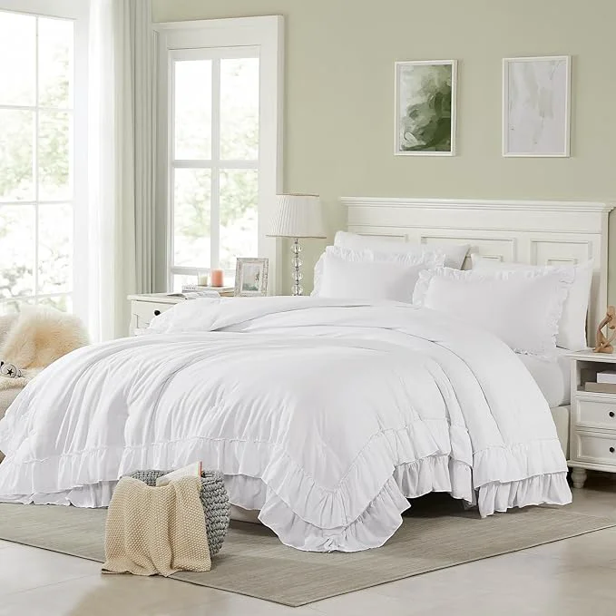 Specialty Cupocupa White Queen Comforter Set 3Pcs Ruffle Comforters Queen Full Size Farmhouse Bedding Sets with Comforter Lightweight Fluffy Soft Shabby Chic Bedding Comforter Sets Artisan
