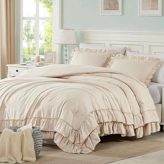 Easy-to-Use Cupocupa Beige Comforter Set – Twin XL Ruffle Farmhouse Bedding Set – Shabby Chic Fluffy Comforter for All Seasons – Includes Comforter amp 1 Pillow Sham Beige Twin XL Twin Traditional