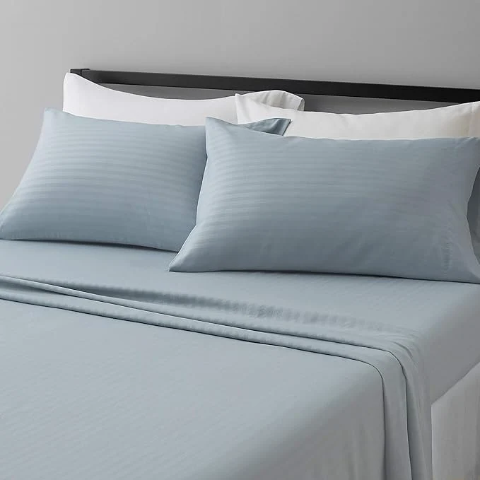 Crafted Amazon Basics Deluxe Microfiber Bed Sheets Full Size 4-Piece Spa Blue Striped Convenient