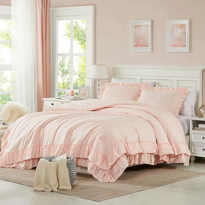 Secure Cupocupa Beige Comforter Set – Twin XL Ruffle Farmhouse Bedding Set – Shabby Chic Fluffy Comforter for All Seasons – Includes Comforter amp 1 Pillow Sham Blush Twin XL Twin Unique