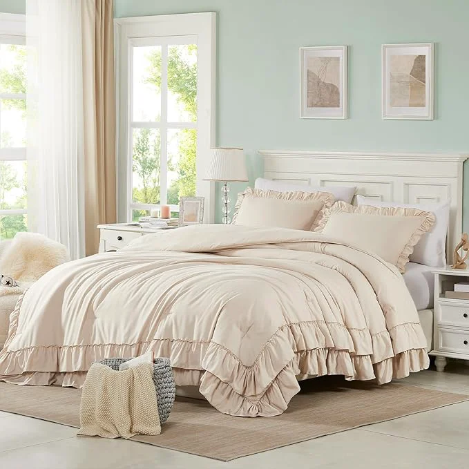 Premium Material Cupocupa Beige Queen Comforter Set 3Pcs Comforters Ruffle Farmhouse Bedding Sets Queen with Comforter Lightweight Soft Shabby Chic Bedding Comforter Set Fluffy for All Season Easy-to-Use