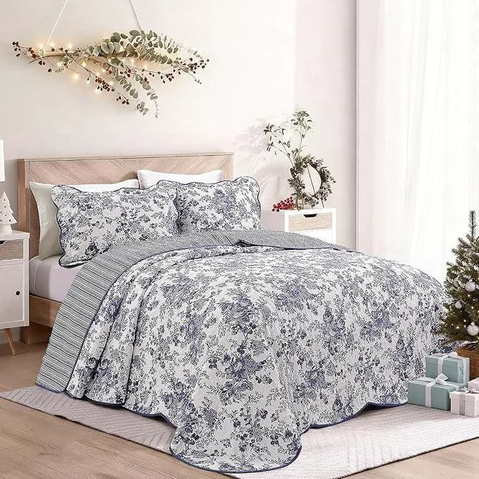Green Wonderful Cotton Blue Floral Bedspread Set Full Size Quilt Bedding Sets with Pillow Shams 3 Pieces Botanical Coverlet Set Quilted Blanket Bed Cover for All Season 96 quot x110 quot Carefully Designed