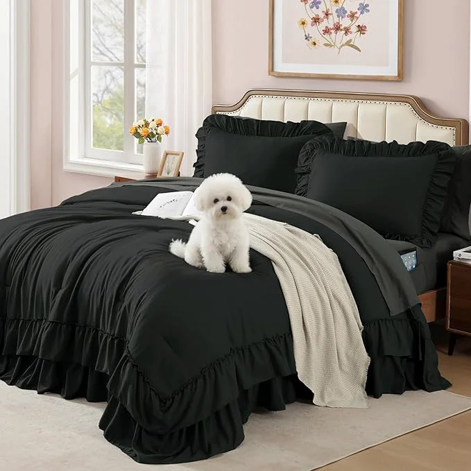 Fashionable Queen Comforter Set Black Ruffle Shabby Chic Bedding Set Farmhouse 7 Pieces All Season Fluffy Bed in a Bag with Sheets Pillowcases amp Shams Pure