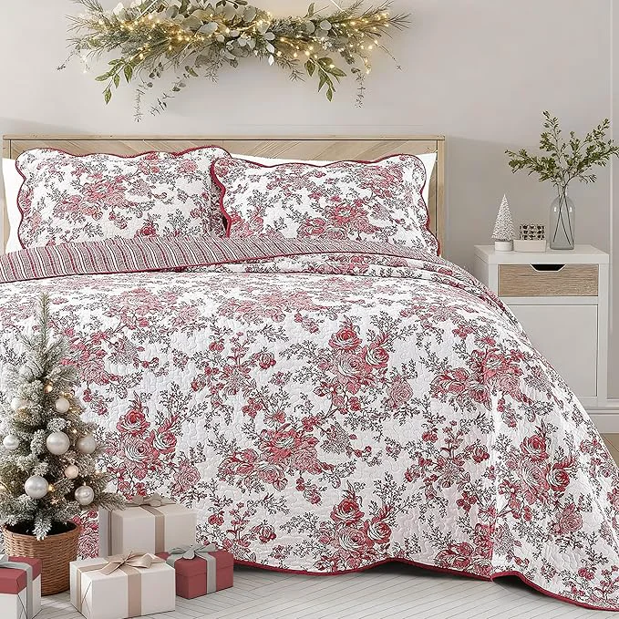 Selected Wonderful Cotton Red Floral Bedspread Set Full Size Quilt Bedding Sets with Pillow Shams 3 Pieces Botanical Coverlet Set Quilted Blanket Bed Cover for All Season 96 quot x110 quot Exclusive