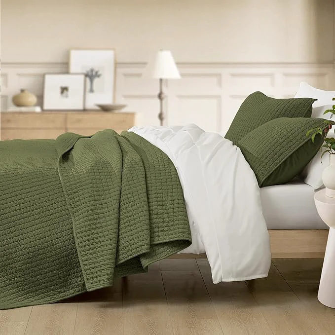 First-Class Wonderful Cotton Blended Jersey Knit King Quilt Stitch Bedding Heather Olive Green Quilt with 2 Pillow Shams Cloud Cloverlet Soft Bedspread All-Season Use 104 quot x94 quot Contemporary
