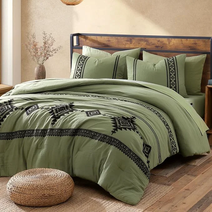 Traditional MaiRêve Embroidery King Size Comforter Set Light Olive Green Farmhouse Western Boho Bedding Set 7 Pieces All Season Bed in A Bag Comforter Set with Sheets Pillowcases amp Shams Minimalist