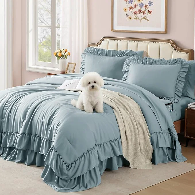 Specialty Full Comforter Set Dusty Blue Ruffle Shabby Chic Bedding Set Farmhouse 7 Pieces All Season Fluffy Bed in a Bag with Sheets Pillowcases amp Shams Selected
