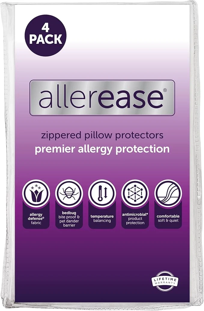Green Set of 4 Standard Queen AllerEase Pillow Protectors – Temperature Balancing Allergist – Premium Breathable Zippered Protectors Long-Lasting