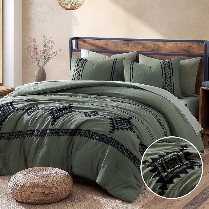 Functional MaiRêve Embroidery Comforter Set Boho Farmhouse Western Bedding Set All Season Bed in A Bag Comforter Set with Sheets Pillowcases amp Shams Olive Green Full 7 Pieces Reusable