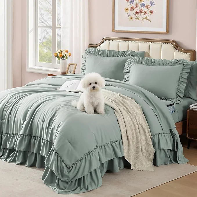 First-Class King Size Comforter Set Sage Green Ruffle Shabby Chic Bedding Set Farmhouse 7 Pieces All Season Fluffy Bed in a Bag with Sheets Pillowcases amp Shams Official